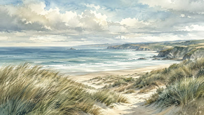 Airy painterly Blue coastal landscape featuring sand dunes and sea cliffs - Wall Mural & Peel and Stick Wallpaper for Watercolor Interiors and Premium Home Styling.