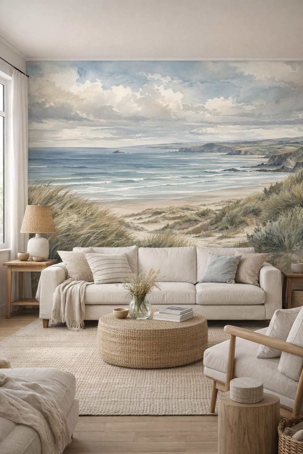 Blue-sand Coastal coastal landscape featuring sand dunes - Wall Mural Peel and Stick Wallpaper for Coastal Living Room.
