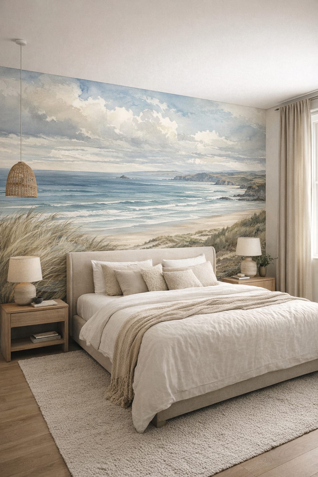 Cream-sand Organic Modern coastal landscape featuring sand dunes - Wall Mural Peel and Stick Wallpaper for Organic Modern Master Bedroom.