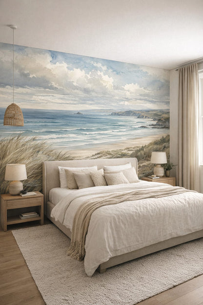 Cream-sand Organic Modern coastal landscape featuring sand dunes - Wall Mural Peel and Stick Wallpaper for Organic Modern Master Bedroom.