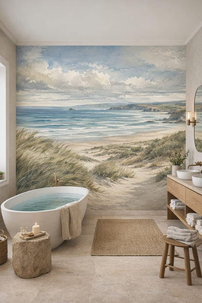 Blue-sand coastal landscape featuring sand dunes - Wall Mural Peel and Stick Wallpaper for Mediterranean Modern Luxury Bathroom.