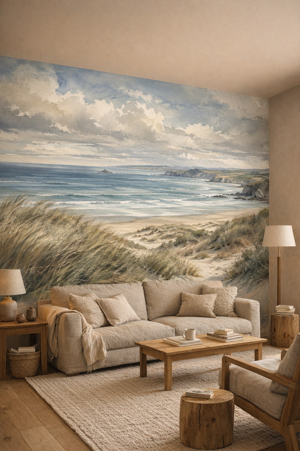 Muted earth-tone Wabi-sabi coastal landscape featuring sand dunes - Wall Mural Peel and Stick Wallpaper for Wabi-sabi Reading Room.