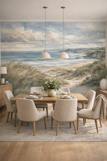 Scandinavian white-gray coastal landscape featuring sand dunes - Wall Mural Peel and Stick Wallpaper for Scandinavian Formal Dining Room.