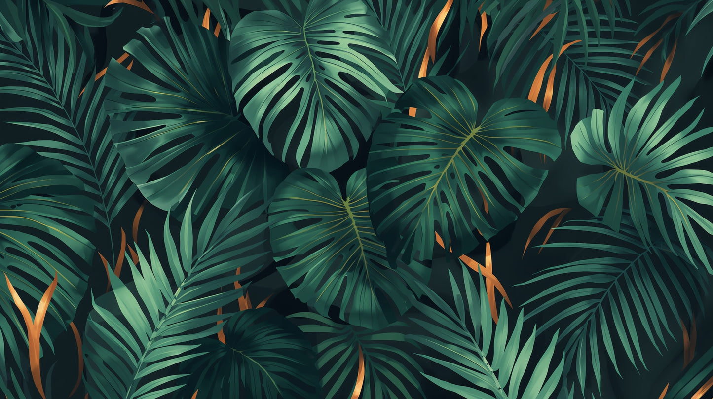 Moody tropical Deep Green monstera leaves featuring palm fronds - Wall Mural & Peel and Stick Wallpaper for Illustrated Interiors and Premium Home Styling
