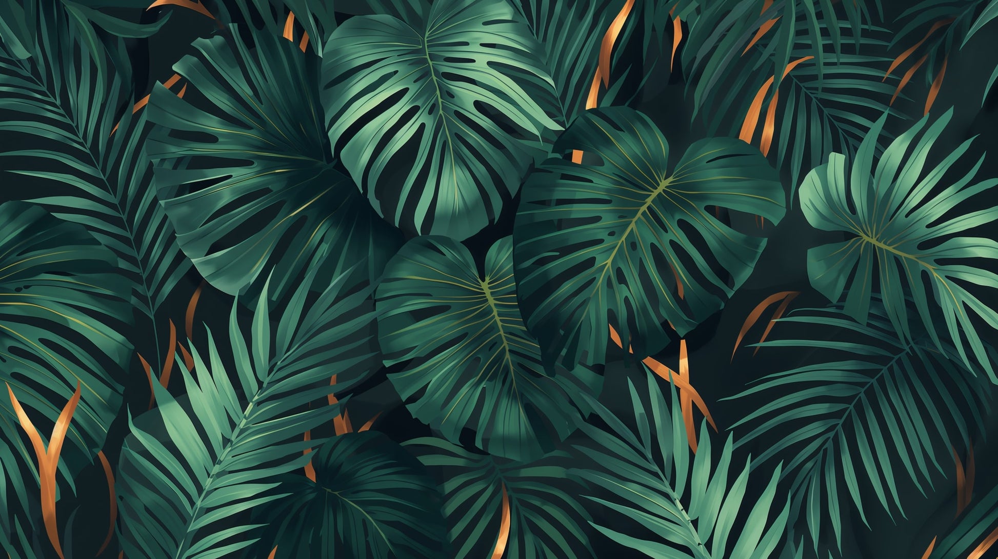 Moody tropical Deep Green monstera leaves featuring palm fronds - Wall Mural & Peel and Stick Wallpaper for Illustrated Interiors and Premium Home Styling