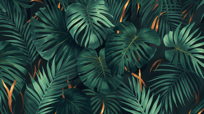Moody tropical Deep Green monstera leaves featuring palm fronds - Wall Mural & Peel and Stick Wallpaper for Illustrated Interiors and Premium Home Styling