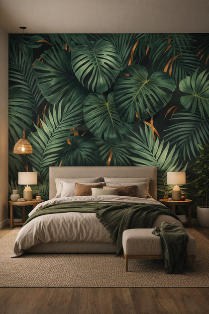 Organic Modern olive-toned monstera leaves featuring palm fronds - Wall Mural Peel and Stick Wallpaper for Organic Modern Master Bedroom.