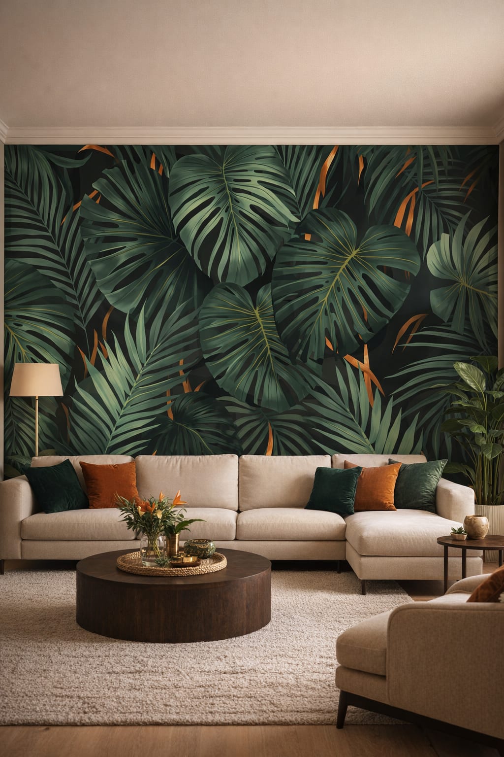 Tropical green monstera leaves featuring palm fronds - Wall Mural Peel and Stick Wallpaper for Tropical Modern Living Room.