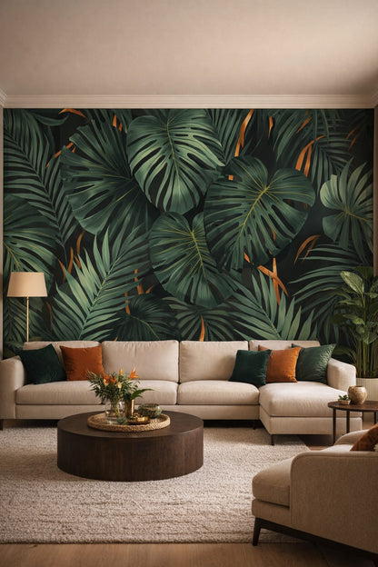 Tropical green monstera leaves featuring palm fronds - Wall Mural Peel and Stick Wallpaper for Tropical Modern Living Room.