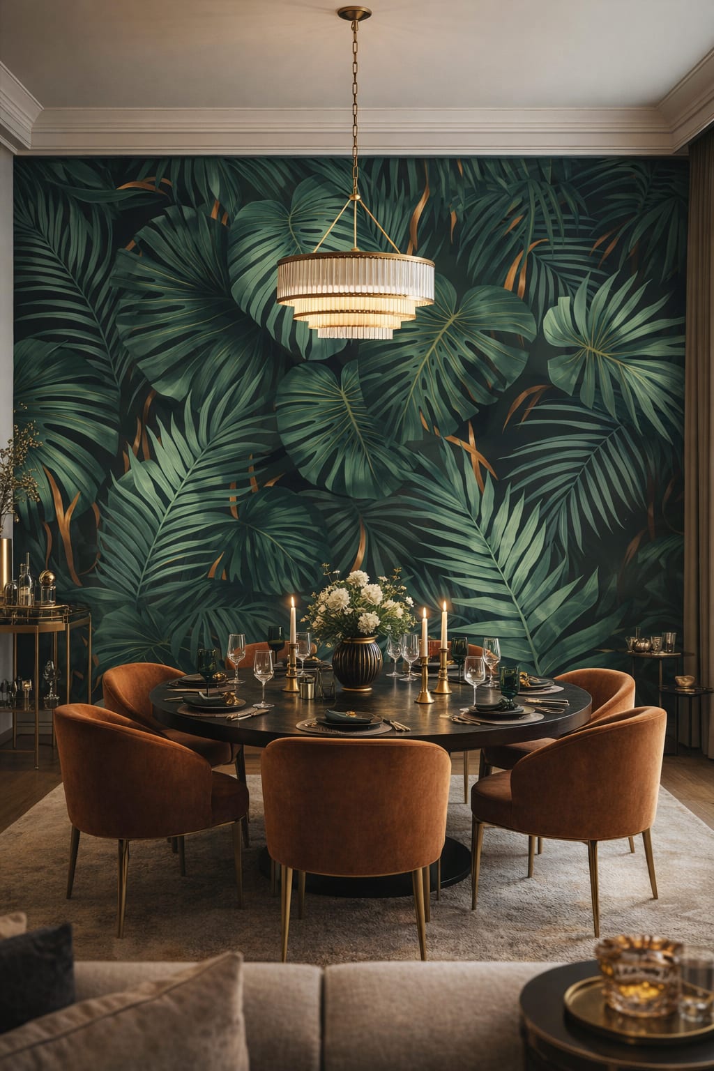 Deco emerald monstera leaves featuring palm fronds - Wall Mural Peel and Stick Wallpaper for Art Deco Formal Dining Room.
