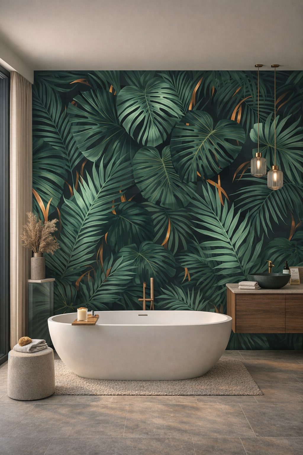 Zen neutral monstera leaves featuring palm fronds - Wall Mural Peel and Stick Wallpaper for Zen Luxury Bathroom.