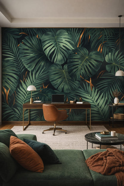 Sleek monochrome monstera leaves featuring palm fronds - Wall Mural Peel and Stick Wallpaper for Urban Modern Executive Home Office
