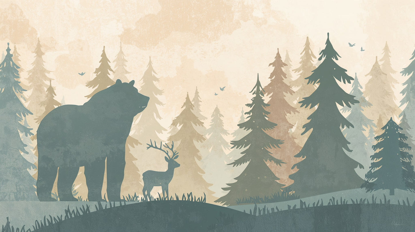 Cozy whimsical Sage Green woodland animals featuring pine forest, deer, and bear - Wall Mural & Peel and Stick Wallpaper for Whimsical Nursery or Kids Room.