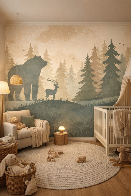 Woodland moss-green woodland animals featuring bear - Wall Mural Peel and Stick Wallpaper for Woodland / Forest Nursery.