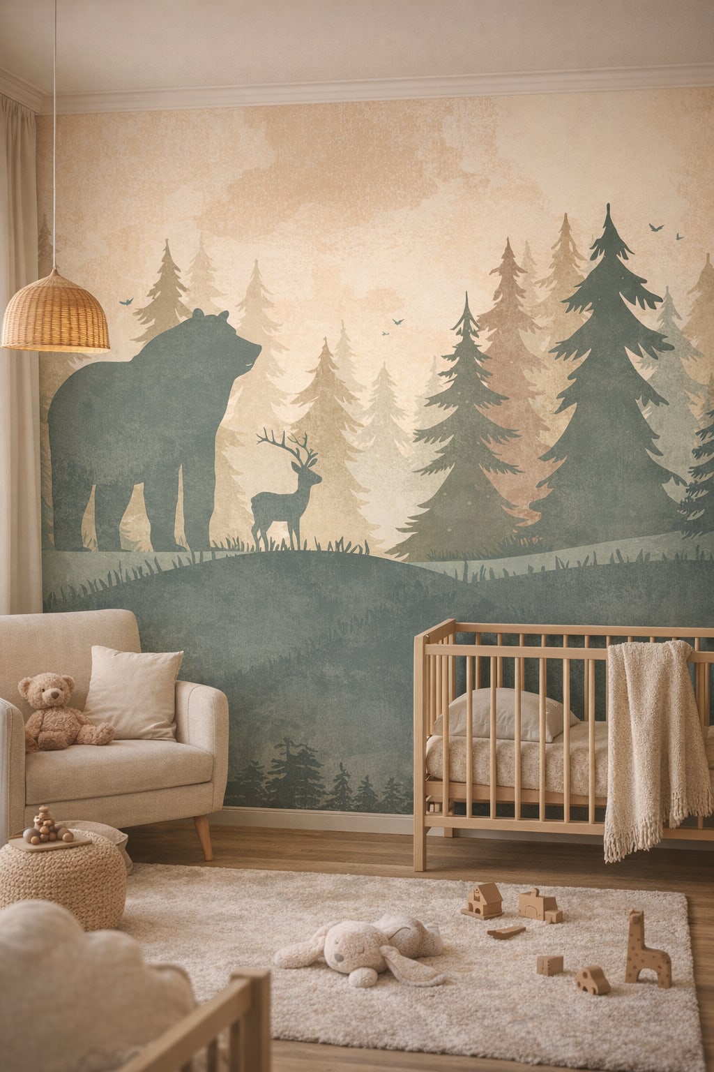 Scandi Kids light gray woodland animals featuring pine forest - Wall Mural Peel and Stick Wallpaper for Scandi Kids Nursery.