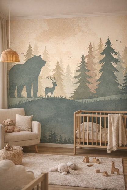 Scandi Kids light gray woodland animals featuring pine forest - Wall Mural Peel and Stick Wallpaper for Scandi Kids Nursery.