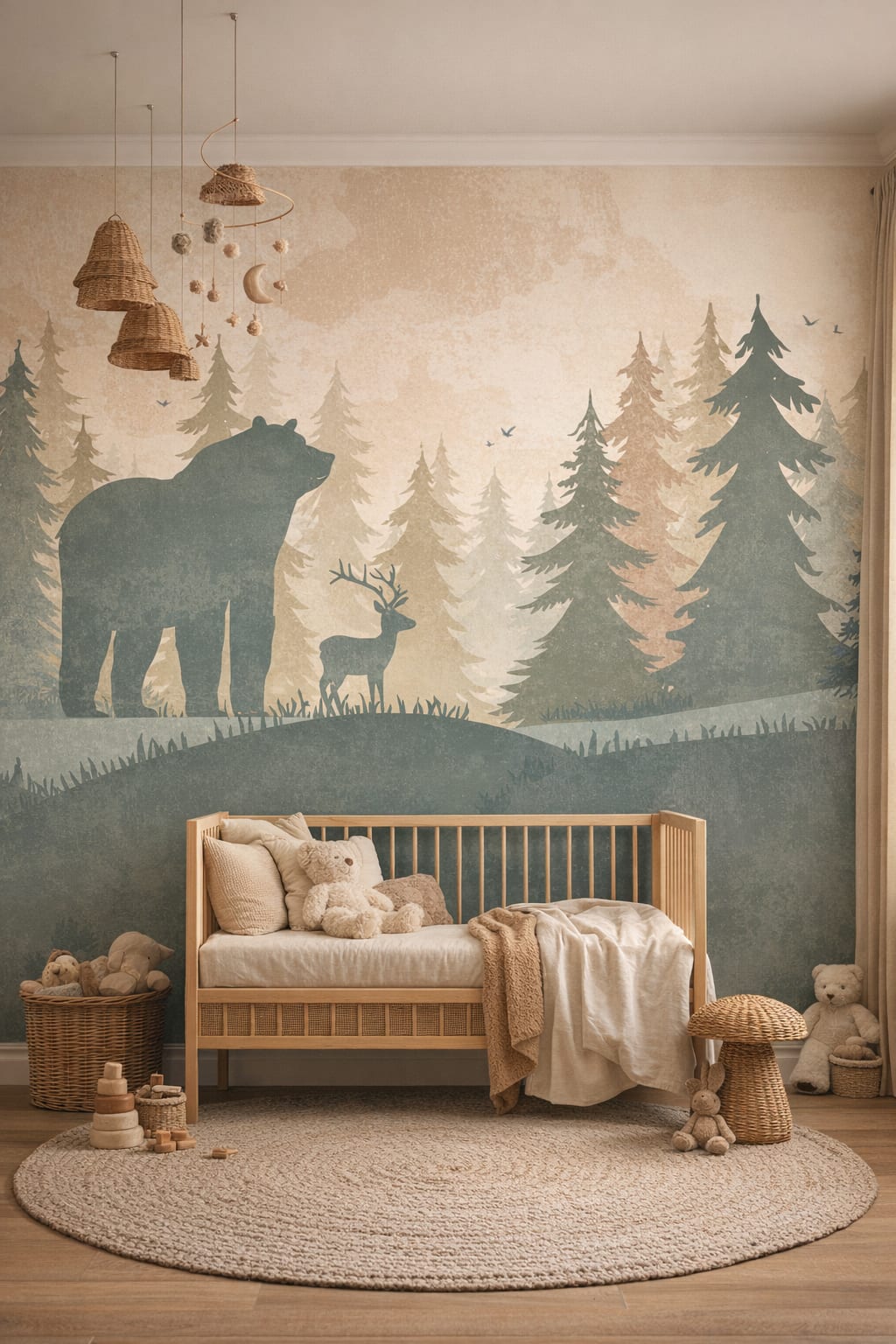 Whimsical Boho terracotta woodland animals featuring pine forest - Wall Mural Peel and Stick Wallpaper for Whimsical Boho Nursery.
