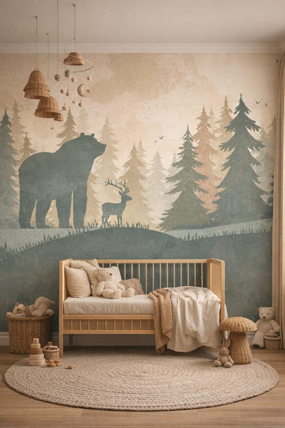 Whimsical Boho terracotta woodland animals featuring pine forest - Wall Mural Peel and Stick Wallpaper for Whimsical Boho Nursery.