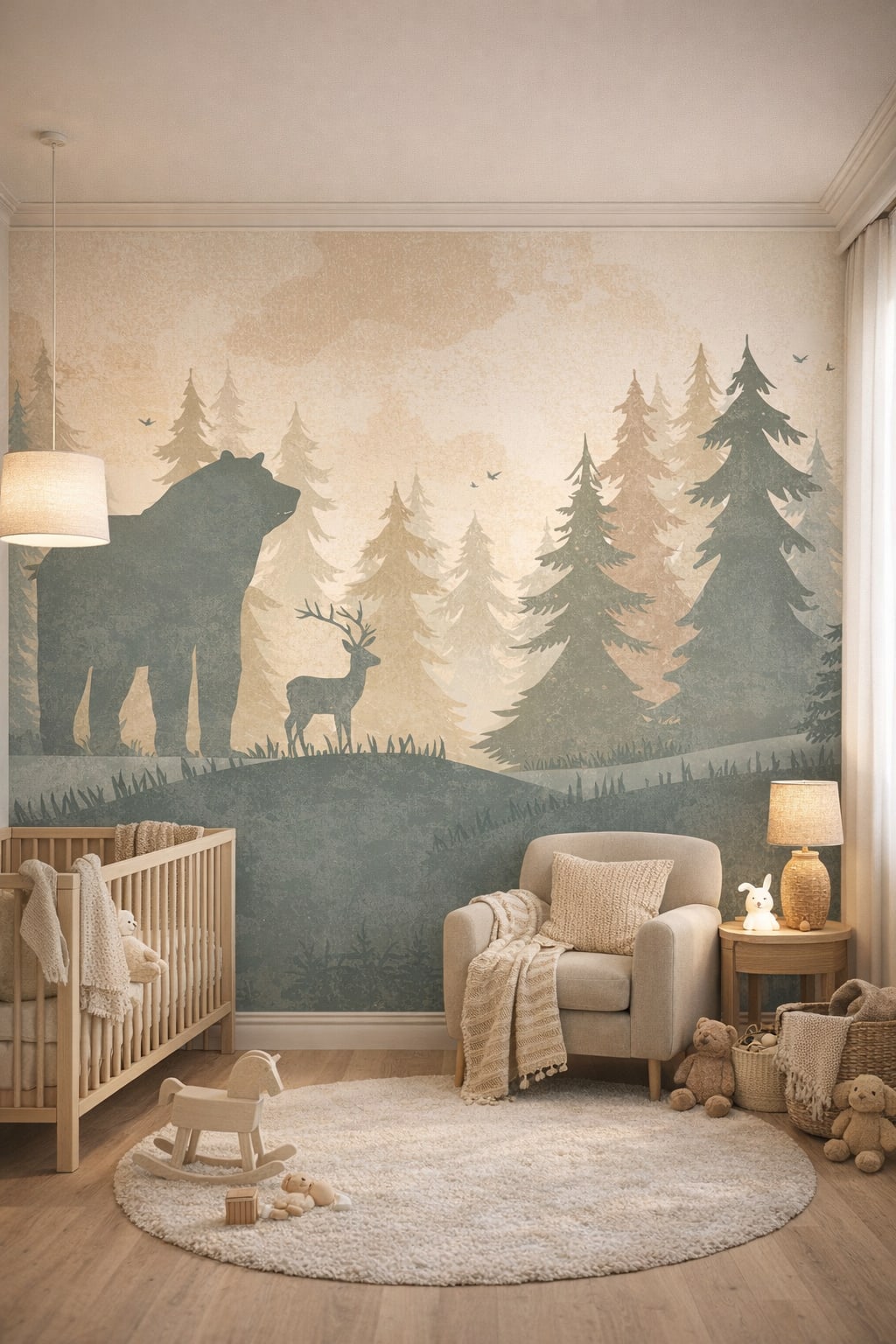 Hygge-inspired, cream-gray woodland animals featuring deer - Wall Mural Peel and Stick Wallpaper for Hygge Nursery.