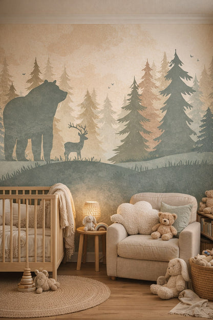Modern Montessori neutral woodland animals featuring bear - Wall Mural Peel and Stick Wallpaper for Modern Montessori Nursery.
