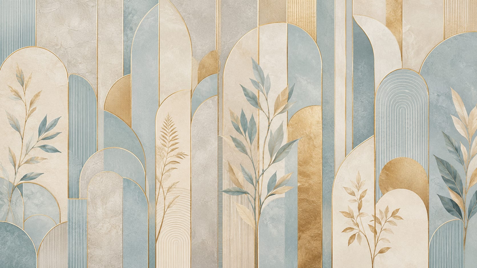 Elegant architectural Cream geometric arches featuring botanical branches and vertical panels - Wall Mural & Peel and Stick Wallpaper for Art Deco Interiors and Premium Home Styling