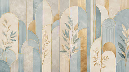 Elegant architectural Cream geometric arches featuring botanical branches and vertical panels - Wall Mural & Peel and Stick Wallpaper for Art Deco Interiors and Premium Home Styling