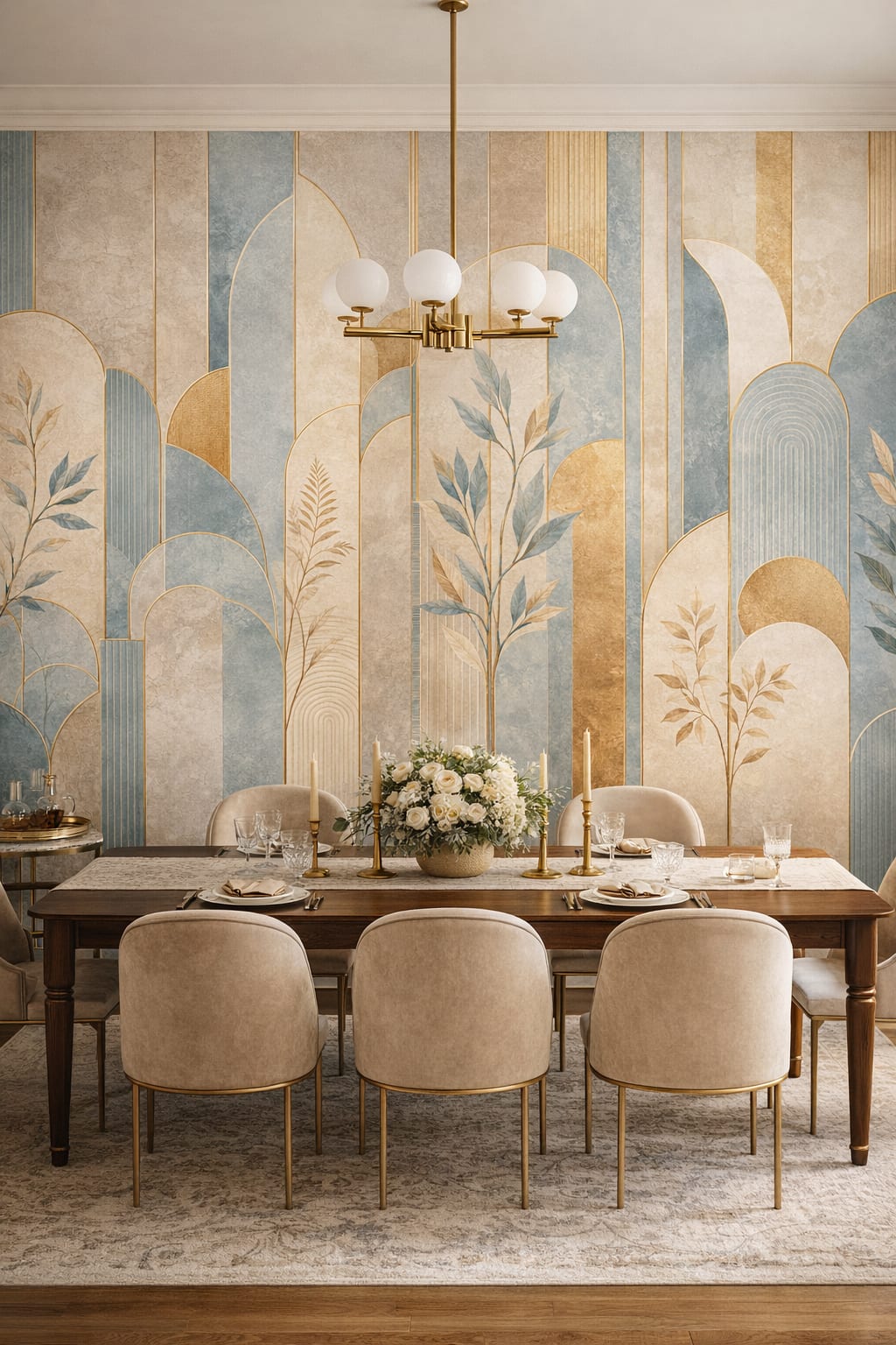 Gilded Art Deco geometric arches featuring botanical branches - Wall Mural Peel and Stick Wallpaper for Art Deco Formal Dining Room.