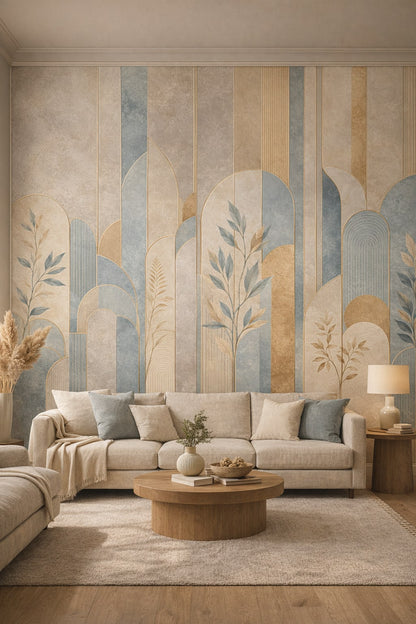 Greige refined geometric arches featuring botanical branches - Wall Mural Peel and Stick Wallpaper for Quiet Luxury Living Room.
