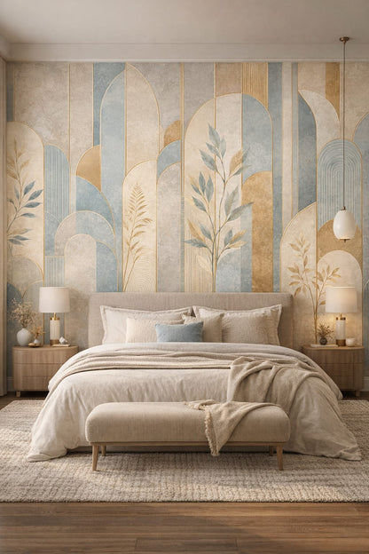 Cream-toned Organic Modern geometric arches featuring botanical branches - Wall Mural Peel and Stick Wallpaper for Organic Modern Master Bedroom.