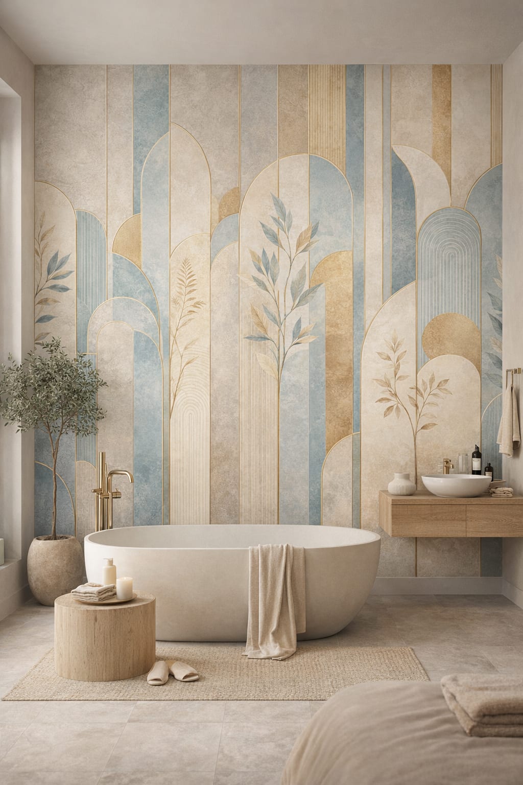 Japandi sand-toned geometric arches featuring botanical branches - Wall Mural Peel and Stick Wallpaper for Japandi Luxury Bathroom.