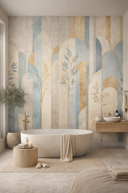 Japandi sand-toned geometric arches featuring botanical branches - Wall Mural Peel and Stick Wallpaper for Japandi Luxury Bathroom.
