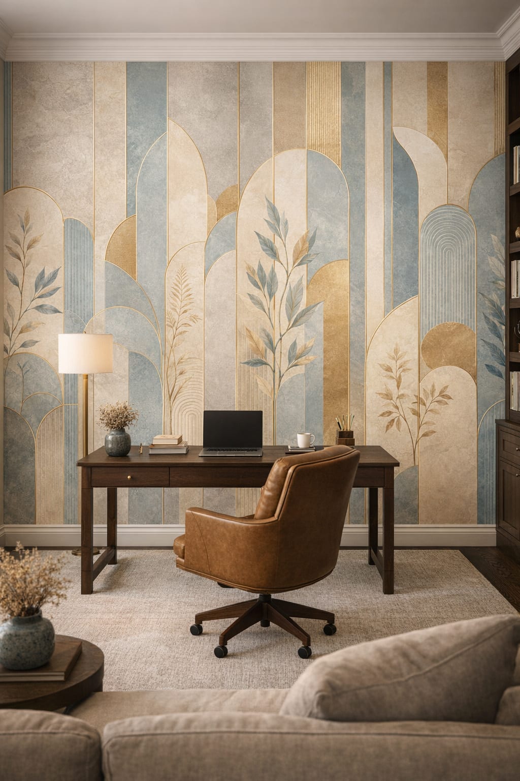 Modern Classic cream geometric arches featuring botanical branches - Wall Mural Peel and Stick Wallpaper for Modern Classic Executive Home Office
