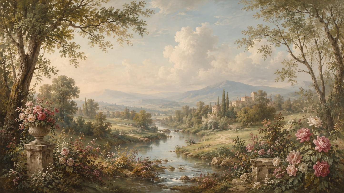 Romantic Painterly Sage Green Pastoral landscape featuring river and rose garden - Wall Mural & Peel and Stick Wallpaper for Painterly Interiors and Premium Home Styling