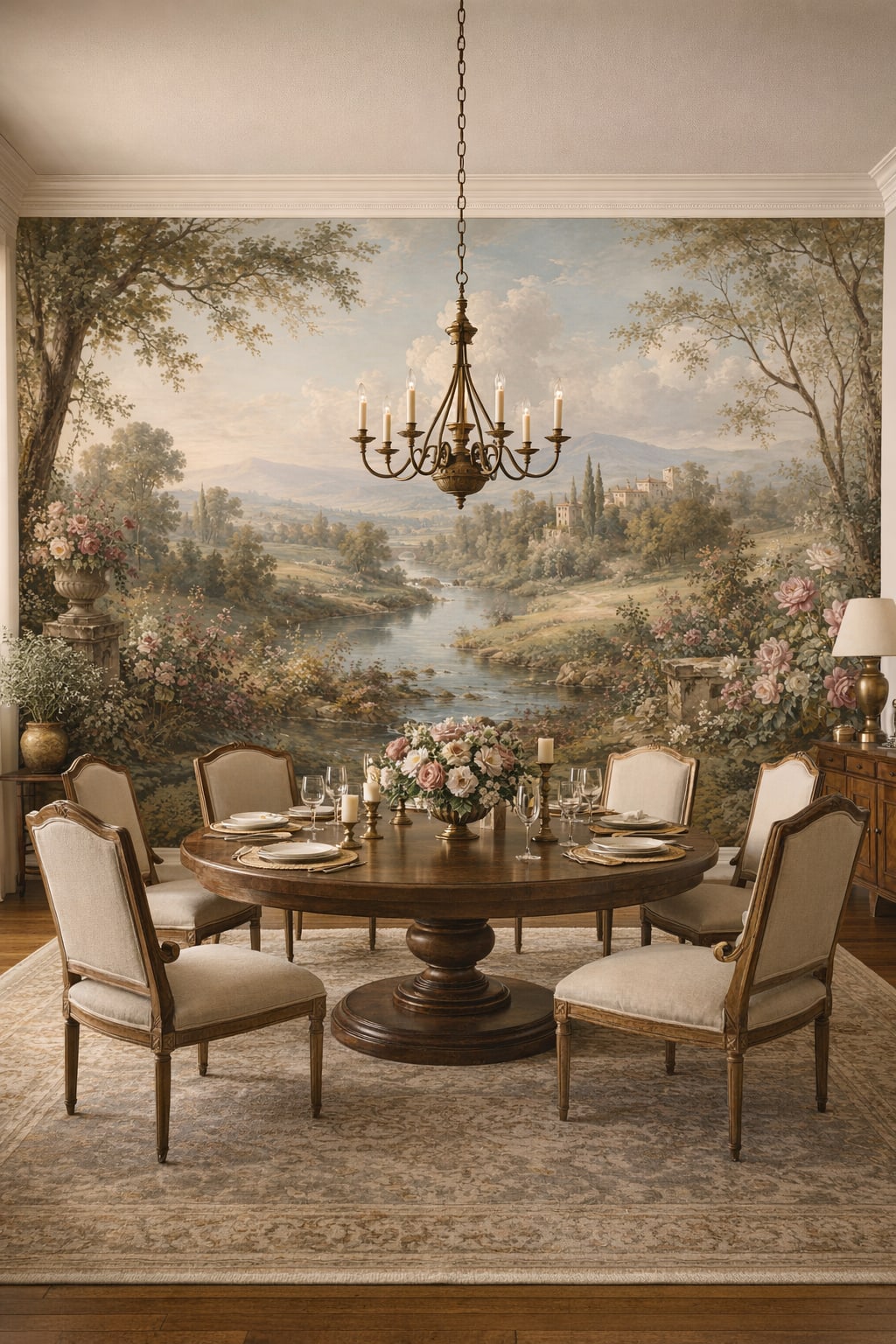 Mediterranean white-blue pastoral landscape featuring river - Wall Mural Peel and Stick Wallpaper for Mediterranean Formal Dining Room.