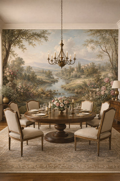 Mediterranean white-blue pastoral landscape featuring river - Wall Mural Peel and Stick Wallpaper for Mediterranean Formal Dining Room.
