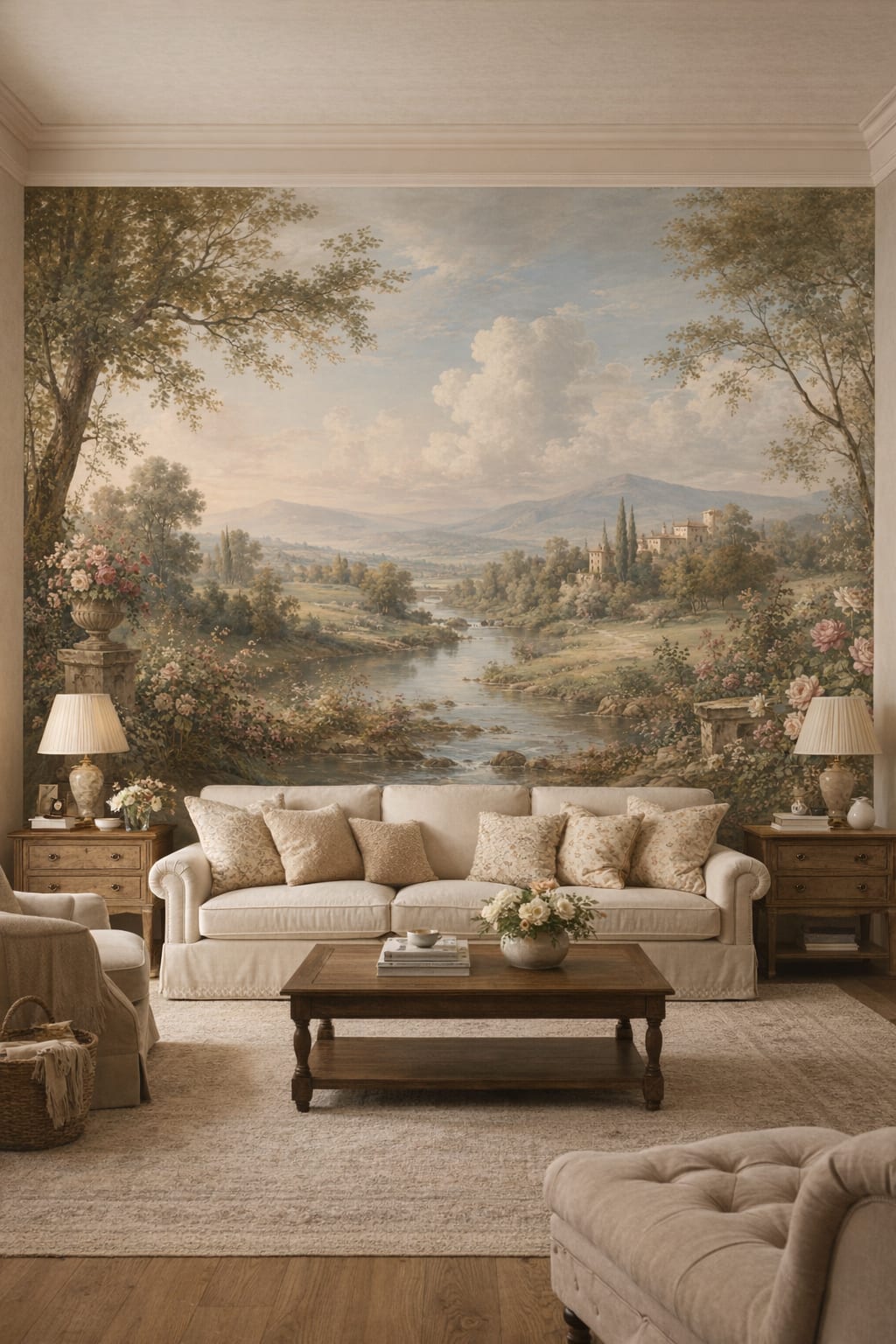 Beige blue pastoral landscape featuring river - Wall Mural Peel and Stick Wallpaper for French Country Living Room.