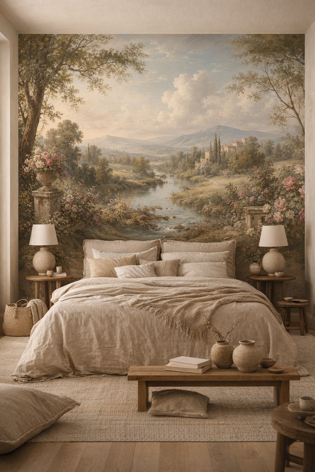 Wabi-sabi earth-tone pastoral landscape featuring river - Wall Mural Peel and Stick Wallpaper for Wabi-sabi Master Bedroom.