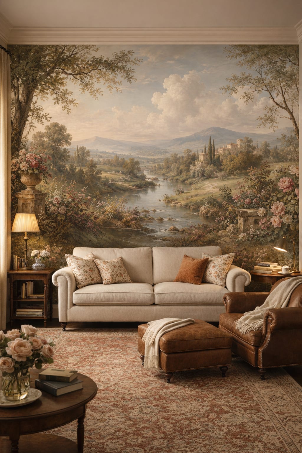 English Cottage green pastoral landscape featuring river - Wall Mural Peel and Stick Wallpaper for English Cottage Reading Corner.