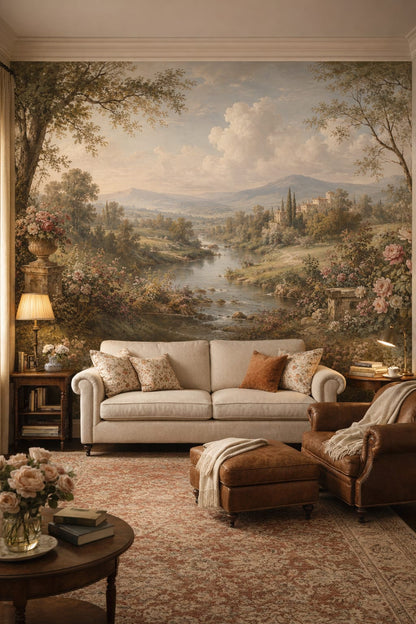 English Cottage green pastoral landscape featuring river - Wall Mural Peel and Stick Wallpaper for English Cottage Reading Corner.