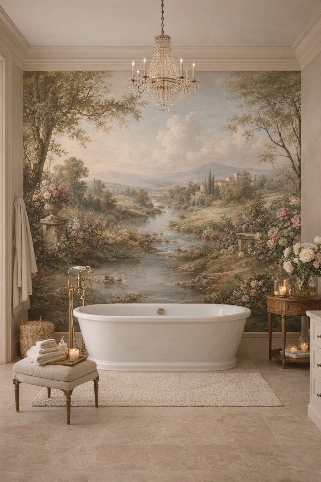 Beige cream Classic pastoral landscape featuring river - Wall Mural Peel and Stick Wallpaper for Classic Luxury Bathroom.