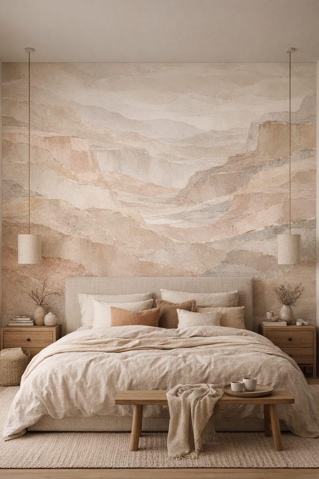 Wabi-sabi muted-earth abstract landscape - Wall Mural Peel and Stick Wallpaper for Wabi-sabi Master Bedroom.