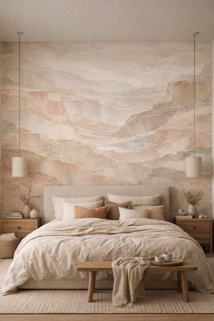 Wabi-sabi muted-earth abstract landscape - Wall Mural Peel and Stick Wallpaper for Wabi-sabi Master Bedroom.