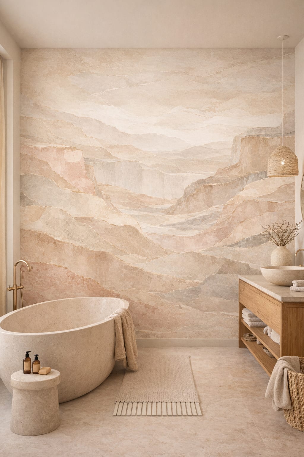 Japandi sand abstract landscape - Wall Mural Peel and Stick Wallpaper for Japandi Luxury Bathroom.