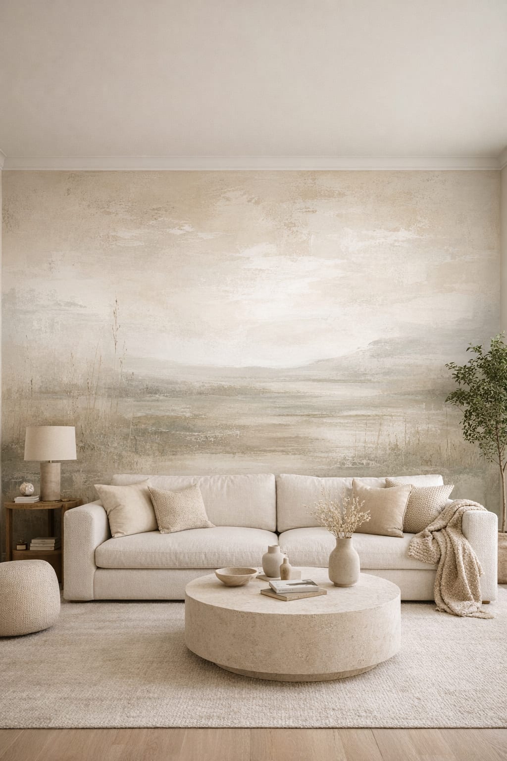 Organic Modern cream misty landscape featuring meadow grasses - Wall Mural Peel and Stick Wallpaper for Organic Modern Living Room.