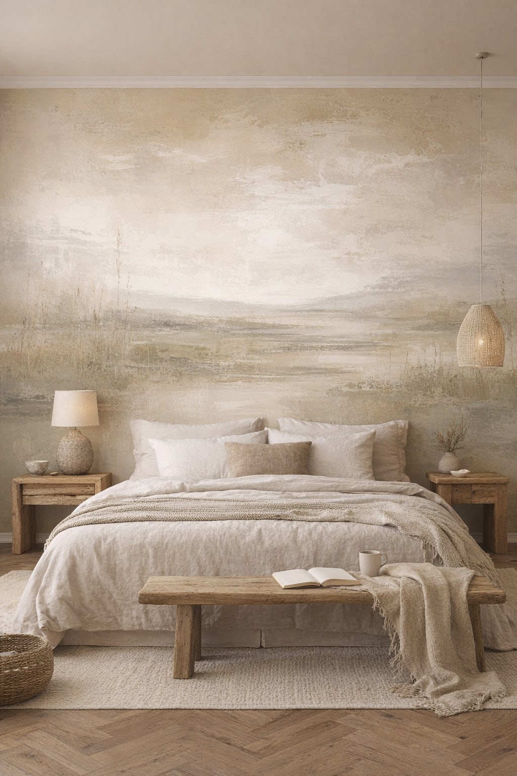 Wabi-sabi muted-earth misty landscape featuring meadow grasses - Wall Mural Peel and Stick Wallpaper for Wabi-sabi Master Bedroom.