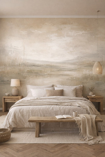 Wabi-sabi muted-earth misty landscape featuring meadow grasses - Wall Mural Peel and Stick Wallpaper for Wabi-sabi Master Bedroom.