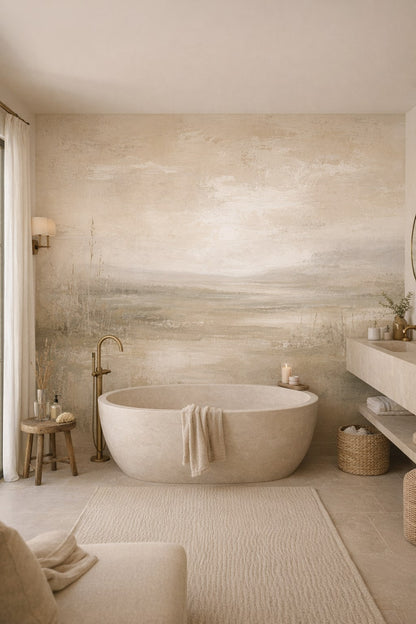 Sand-toned Mediterranean Modern misty landscape featuring meadow grasses - Wall Mural Peel and Stick Wallpaper for Mediterranean Modern Luxury Bathroom.