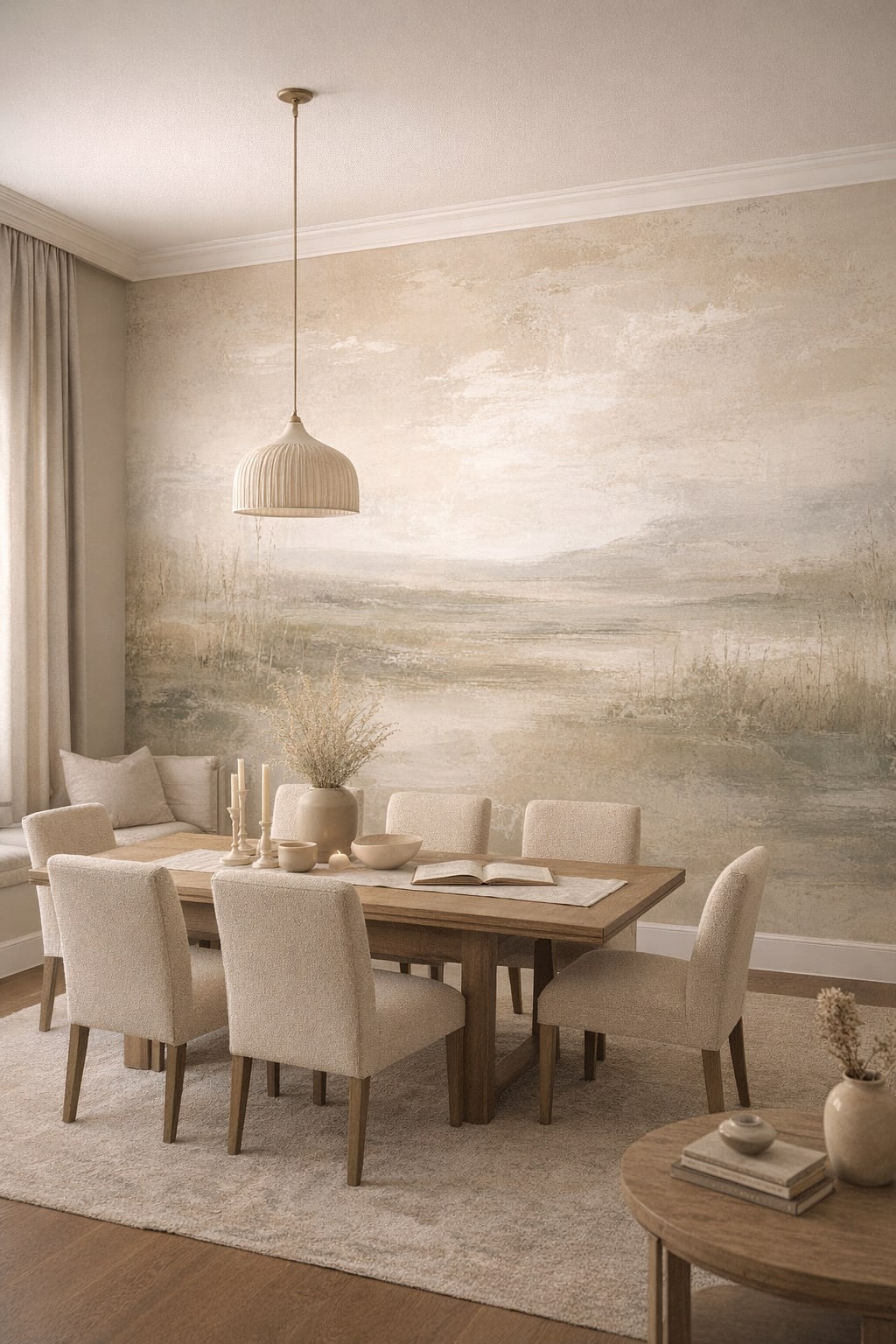 Quiet Luxury greige misty landscape featuring meadow grasses - Wall Mural Peel and Stick Wallpaper for Quiet Luxury Formal Dining Room.