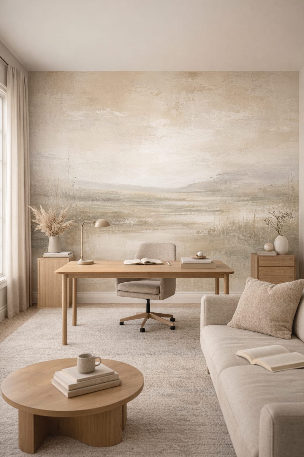 Soft white, light wood misty landscape featuring meadow grasses - Wall Mural Peel and Stick Wallpaper for Scandinavian Executive Home Office.