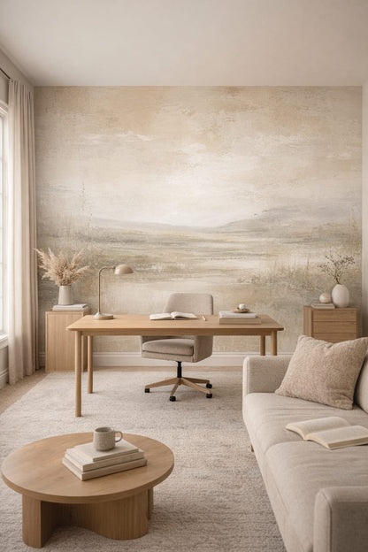 Soft white, light wood misty landscape featuring meadow grasses - Wall Mural Peel and Stick Wallpaper for Scandinavian Executive Home Office.